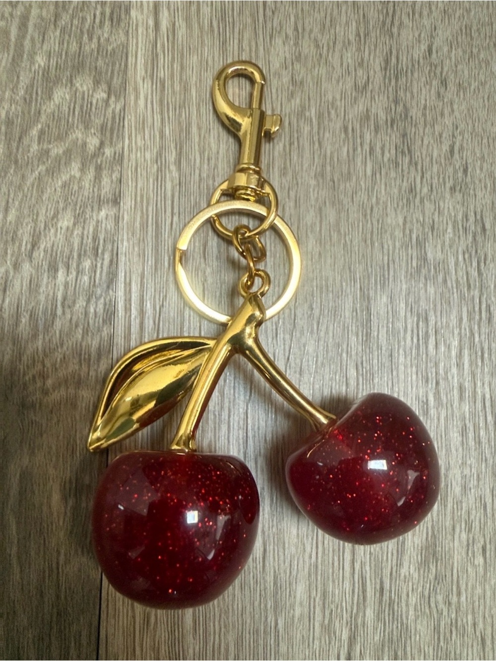 Gold Cherry Keychain Bag Charm - Red Glitter Cherries